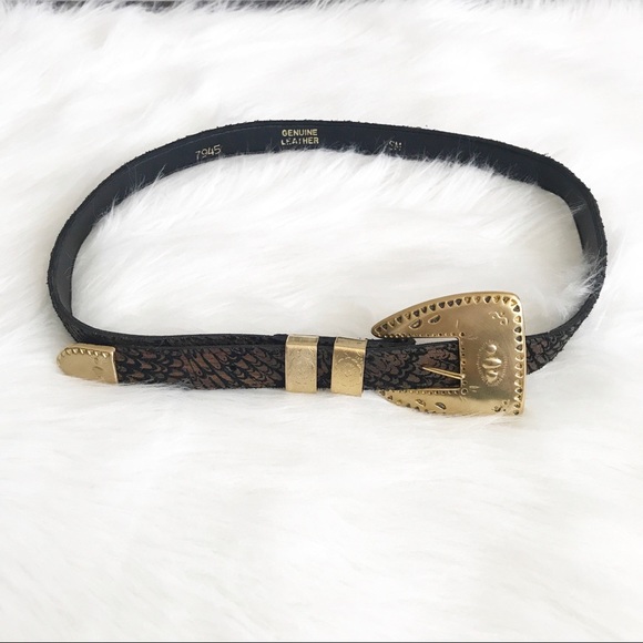 Black Leather belt with brown print gold hardware - Picture 2 of 6